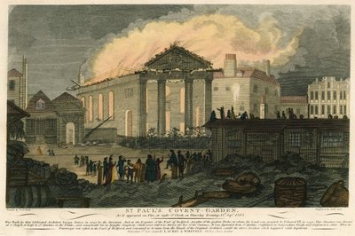 St. Pauls, Covent Garden, Londen, zoals het verscheen in brand op de avond van 17 september 1795 door English School