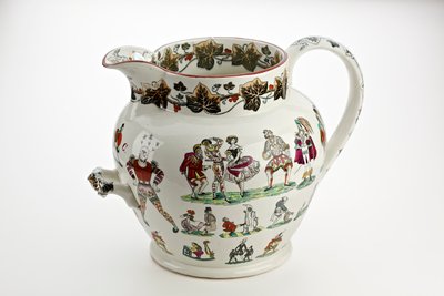 Staffordshire kan versierd met Harlekijnfiguren en carnavalsthema, 1866 door English School