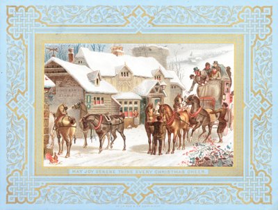 Postkoets en Paarden buiten Herberg, Kerstkaart door English School