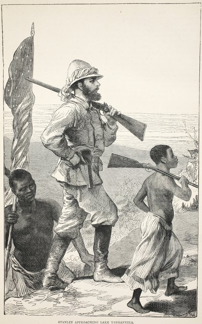 Stanley nadert het Tanganyikameer, illustratie uit De Geïllustreerde Editie van het Leven en de Ontdekkingen van David Livingstone door J. Ewing Richie, uitgegeven door A. Fullarton & Co., 1876 door English School