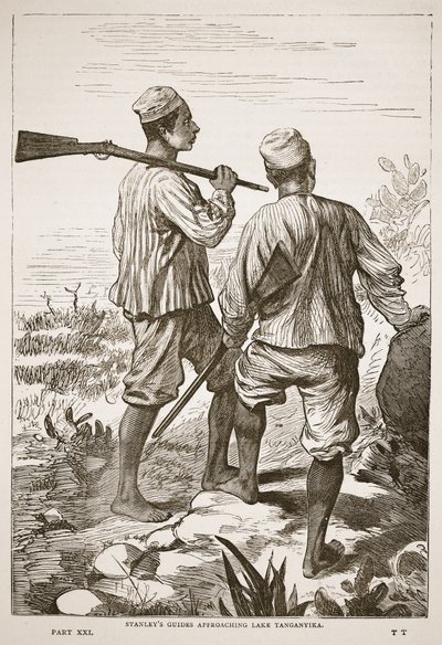Stanleys gidsen naderen het Tanganyikameer, illustratie uit De Geïllustreerde Editie van het Leven en de Ontdekkingen van David Livingstone door J. Ewing Richie, uitgegeven door A. Fullarton & Co., 1876 door English School