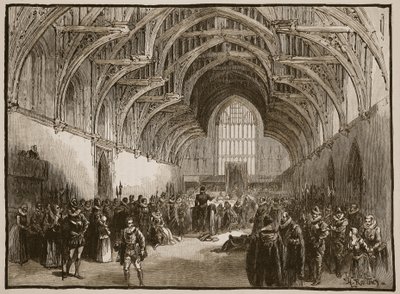 Staatsproces in Westminster Hall in de tijd van Elizabeth, illustratie uit Cassells Geïllustreerde Geschiedenis van Engeland door English School