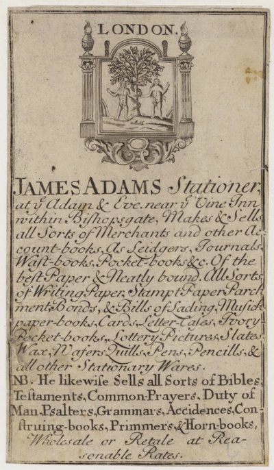 Kantoorboekhandelaar, James Adams, handelskaart door English School