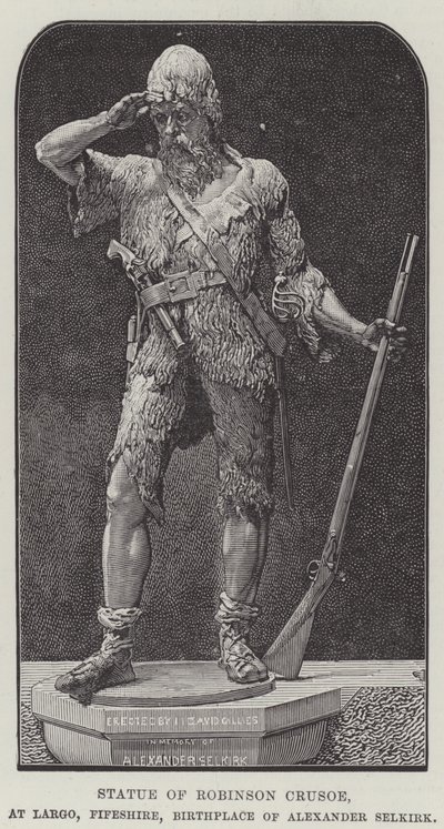 Standbeeld van Robinson Crusoe, in Largo, Fifeshire, Geboorteplaats van Alexander Selkirk (gravure) door English School