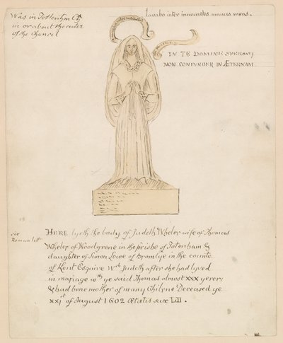 Standbeeld, graf van Judeth Wheler die stierf op 21 augustus 1602 door English School