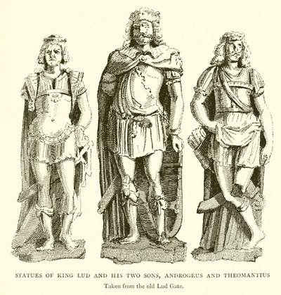 Standbeelden van koning Lud en zijn twee zonen, Androgeus en Theomantius door English School