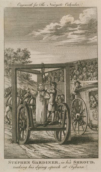 Stephen Gardiner in zijn lijkwade tijdens zijn sterfrede op Tyburn (gravure) door English School