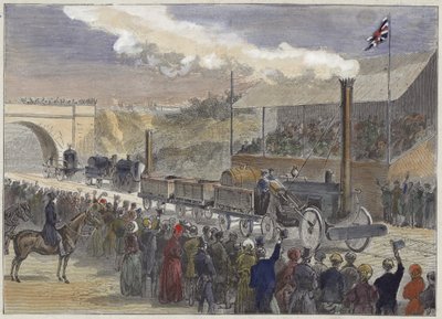 Stephensons Rocket komt als eerste binnen bij de locomotiefwedstrijd in Rainhill in 1829 door English School