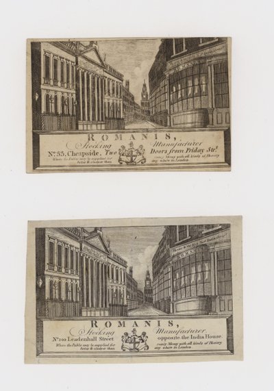 Kousenfabrikanten, Romanis, op Cheapside en daarna op Leadenhall Street, handelskaart door English School