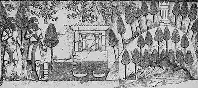 Stenen bas-reliëf van een tempel en kunstmatige heuvel in het park van Sargon II in Khorsabad, ca.715 v.Chr. door English School