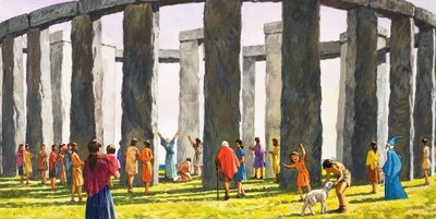 Stonehenge (gouache op papier) door English School