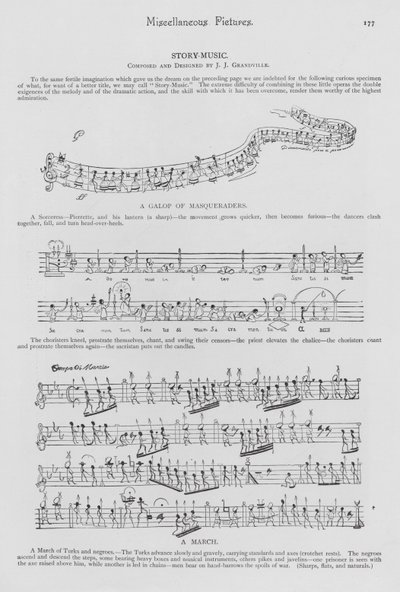 Verhalen in bladmuziek met noten als mensen (gravure) door English School