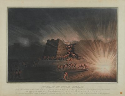 Bestorming van Ciudad Rodrigo door de Lichtdivisie in de nacht van 19 januari 1812, gegraveerd door J.H. Clark en H. Merke, uitgegeven in februari 1815 door English School