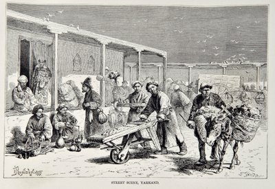 Straatscène, Yarkand, illustratie uit The Universal Geography, the Earth and its inhabitants door Elisee Reclus, uitgegeven 1878 door English School