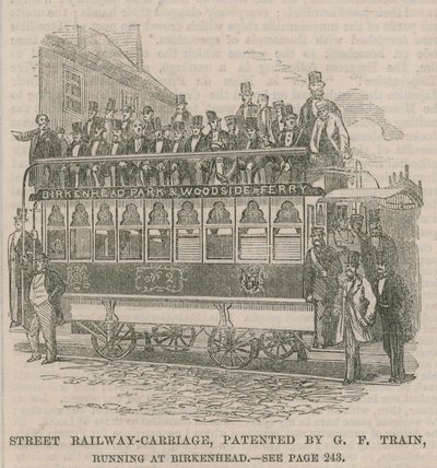 Straatspoorwegwagen, gepatenteerd door G F Train, rijdend in Birkenhead door English School