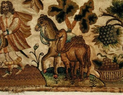 Stumpwork die een bijbels tafereel afbeeldt, c.1650 (detail) door English School