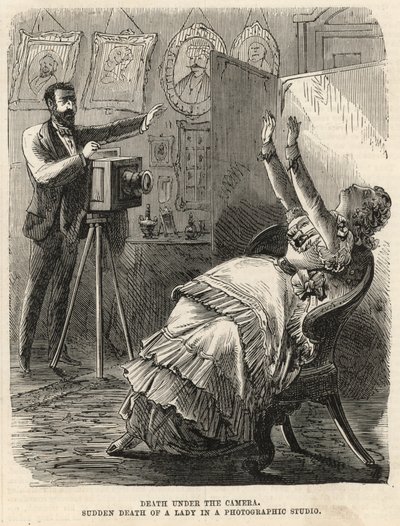 Plotselinge dood van een dame in een fotografische studio (gravure) door English School