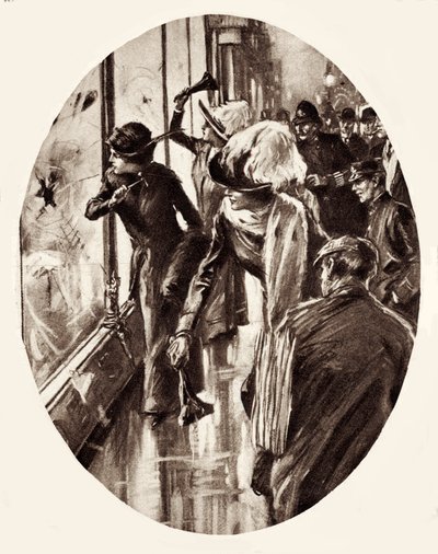 Suffragettes-tekening van vrouwen die winkelruiten inslaan in Londen, maart 1912 (gravure) door English School