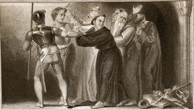 Onderdrukking van de kloosters, illustratie uit David Humes The History of England, uitgegeven door R. Bowyer, Londen, 1812 door English School