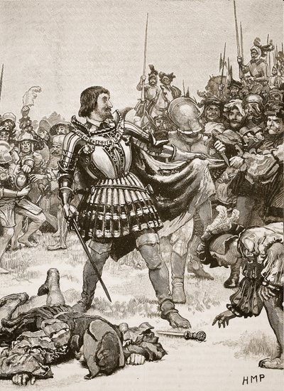 Overgave van Francis op het slagveld van Pavia, illustratie uit Cassells Geïllustreerde Geschiedenis van Engeland door English School