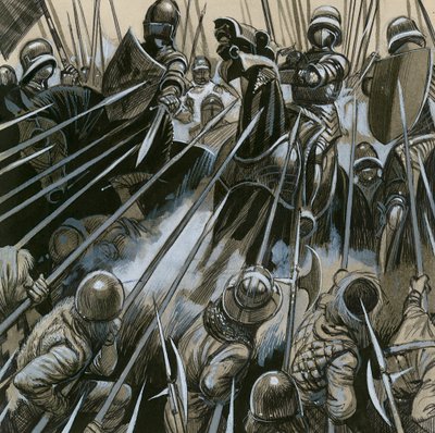 Zwitserse soldaten verslaan het Bourgondische leger in 1476-77 door English School