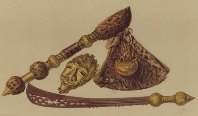 Zwaard, bijl en gouden masker veroverd in de Ashantee-expeditie door English School