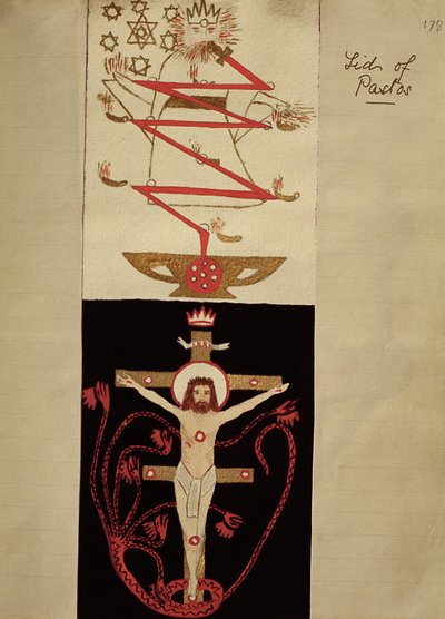 Symbolische ontwerpen op het deksel van de Pastos in de kluis van de Adepten, c.1895 (gekleurde inkt op papier) door English School