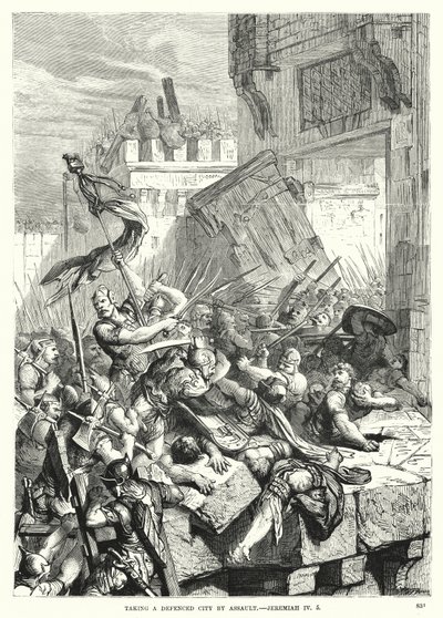 Een versterkte stad met geweld ingenomen, Jeremia IV, 5 (gravure) door English School