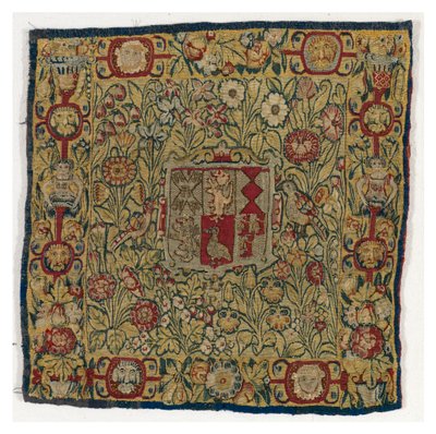 Wandtapijt kussenhoes met de wapens van Sacheverell, gemaakt in Sheldon, Engeland, na 1600 door English School