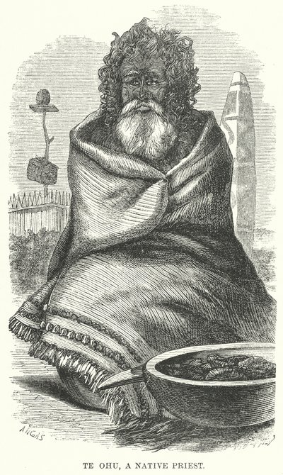Te Ohu, een priester (gravure) door English School