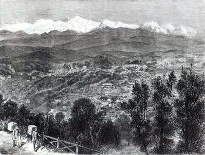 Theecultivatie in Brits-Indië - Uitzicht op Darjeeling vanuit het Zuiden, 1876 door English School