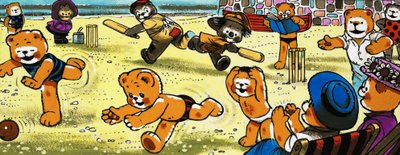 Teddyberen spelen cricket op het strand door English School
