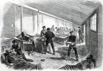 Tijdelijk veldhospitaal achter de tweede Pruisische parallel bij Dueppel, 1864 door English School