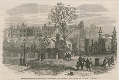 Tijdelijk gebouw in New Square, Lincolns Inn, voor het tentoonstellen van de ontwerpen voor de nieuwe Rechtbanken door English School