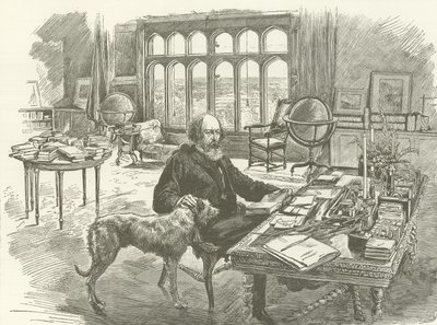 Tennyson in zijn bibliotheek door English School