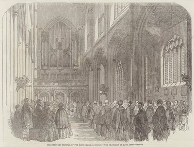 Tercentenary Festival van de Bath Grammar-School, de processie in Bath Abbey Church door English School