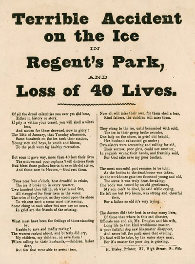Verschrikkelijk ongeluk op het ijs in Regents Park, Londen door English School