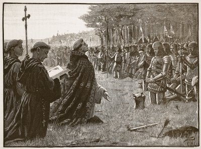 Dankzegging van het Engelse leger na de Slag bij Agincourt, 25 oktober 1415, illustratie uit Cassells Geïllustreerde Geschiedenis van Engeland door English School