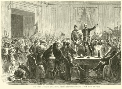 Het 106e bataljon van de Nationale Garde levert Trochu af bij het Hotel de Ville, oktober 1870 door English School