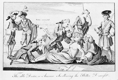 De Bekwame Dokter, of Amerika die de bittere drank doorslikt, gepubliceerd in het London Magazine, 1 mei 1774 door English School