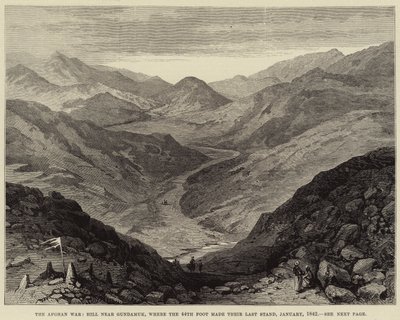 De Afghaanse Oorlog, Heuvel bij Gundamuk, waar de 44e Voet hun Laatste Stand maakten, januari 1842 (gravure) door English School