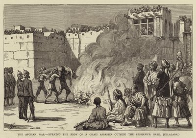 De Afghaanse oorlog, het verbranden van het lichaam van een Ghazi-moordenaar buiten de Peshawur-poort, Jellalabad (gravure) door English School