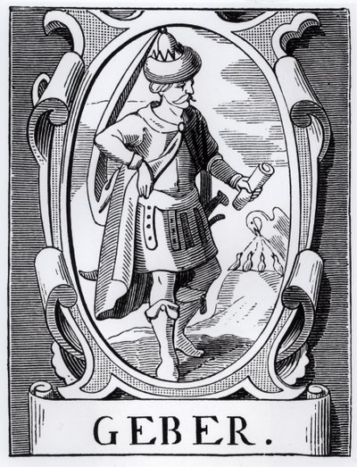 De Alchemist Geber (14e eeuw) illustratie uit Wetenschap en Literatuur in de Middeleeuwen en de Renaissance, geschreven en gegraveerd door Paul Lacroix, 1878 door English School