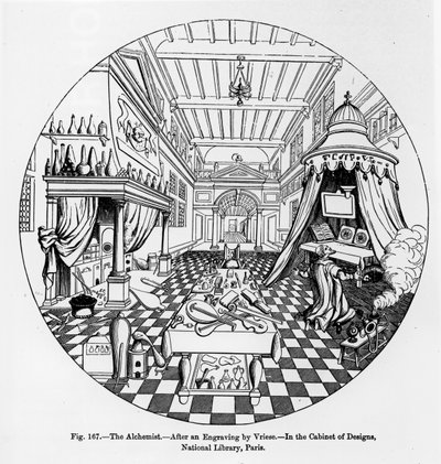 De Alchemist, naar een gravure door Vriese, illustratie uit Wetenschap en Literatuur in de Middeleeuwen en de Renaissance, geschreven en gegraveerd door Paul Lacroix, 1878 door English School