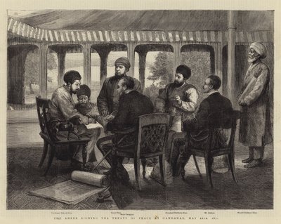 De Ameer die het vredesverdrag ondertekent in Gandamak, 26 mei 1879 door English School