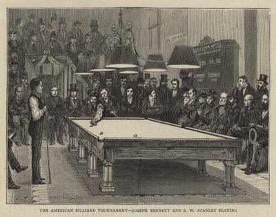 Het Amerikaanse biljarttoernooi, Joseph Bennett en S W Stanley spelen (gravure) door English School