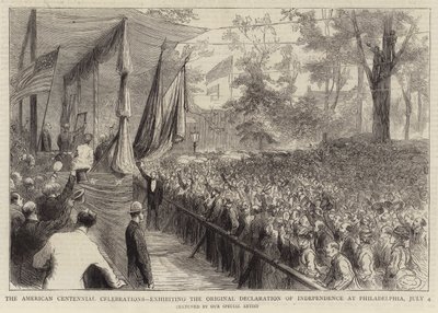 De Amerikaanse Eeuwfeestvieringen, het tentoonstellen van de originele Onafhankelijkheidsverklaring in Philadelphia, 4 juli door English School