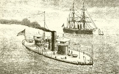 Het Amerikaanse tweelingtorenschip Miantonoma en ijzeren schip door English School