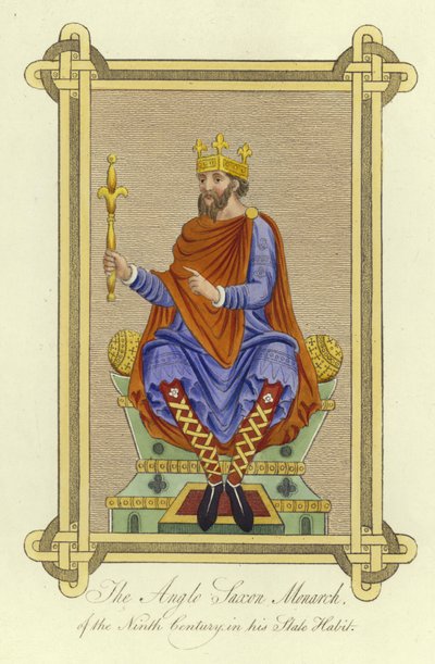 De Angelsaksische monarch van de 9e eeuw in zijn staatsgewaad door English School