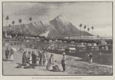 De annexatie van Hawaï door Amerika, de landingsplaats, Honolulu (gravure) door English School